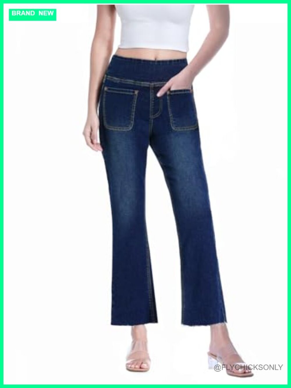 Pull On Cropped Jeans High Waisted Flared Bootcut Tummy Control Denim